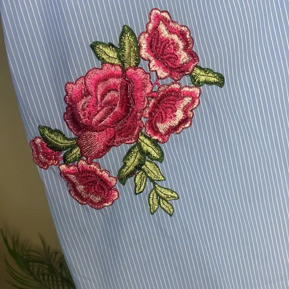 Zara Sky Blue White Stripe Off Shoulder Floral Rose Embroidery Poplin Mini Dress - Picture 5 of 7